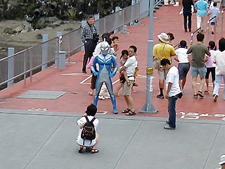 コスモスと親子連れ